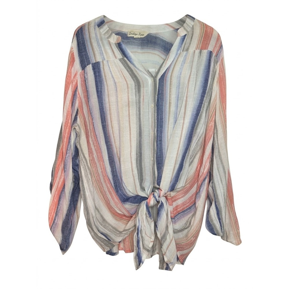 Indigo Rose Button Front Tie Top Women 3X Blue Pink Striped WW8600